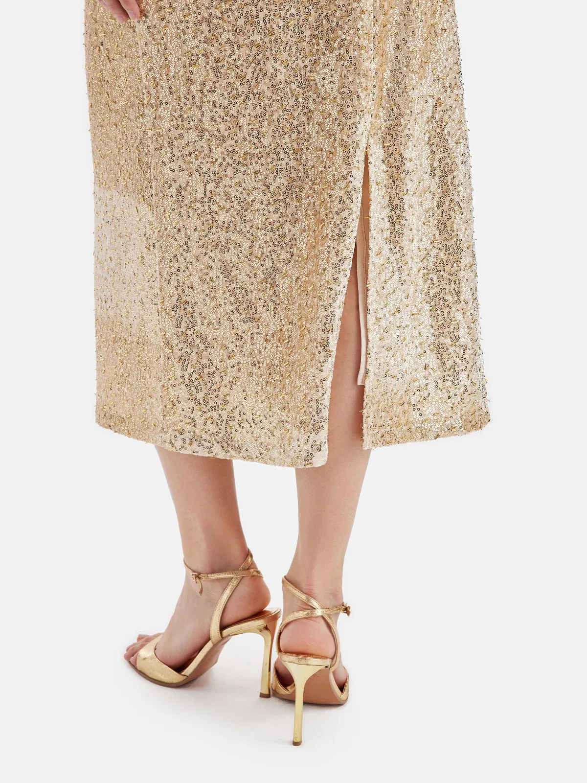 Shiny Gold Sequin Midi Skirt