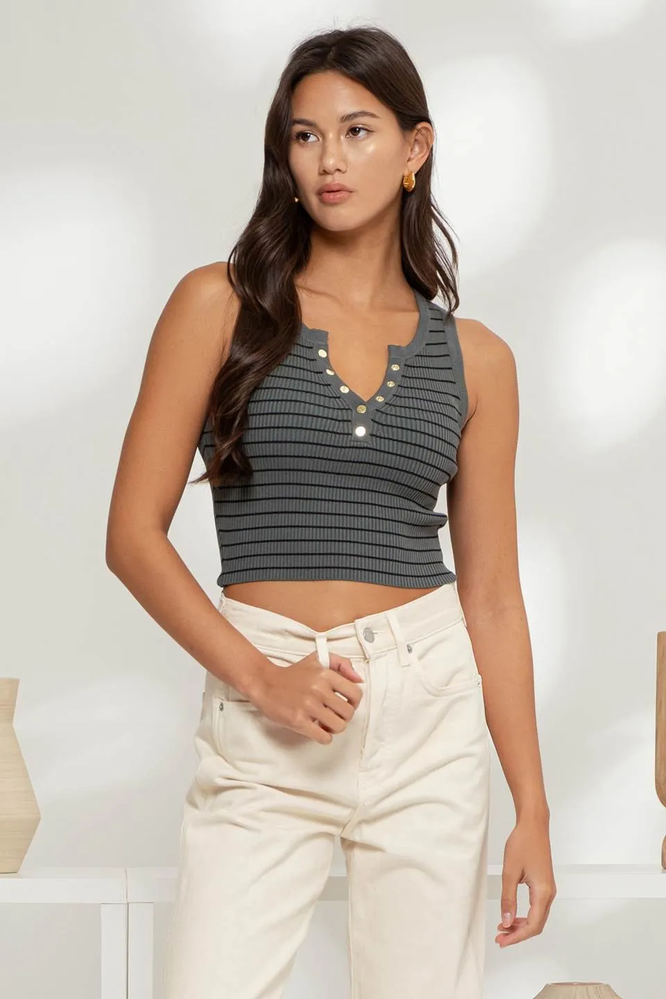 STRIPE SLEEVELESS HENLEY KNIT CROP TOP