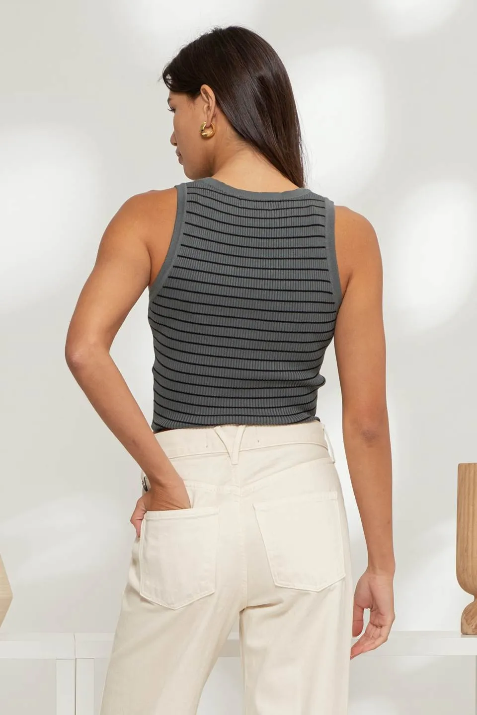 STRIPE SLEEVELESS HENLEY KNIT CROP TOP