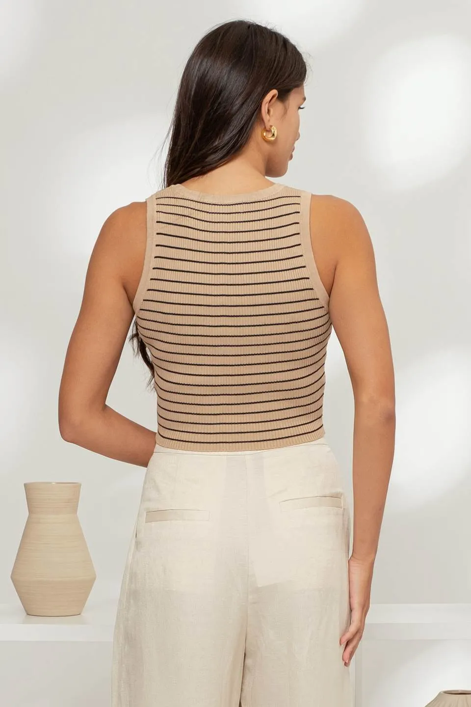 STRIPE SLEEVELESS HENLEY KNIT CROP TOP