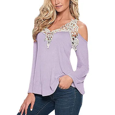 Stylish Off Shoulder  Lace Detail  Long Sleeve T-shirt