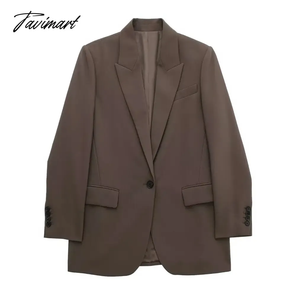 Tavimart Notch Collar One Piece Of Buckle Blazer Neutral Minimalism Long Sleeve Top Vintage Office Ladies Winter Jacket Women Outerwear