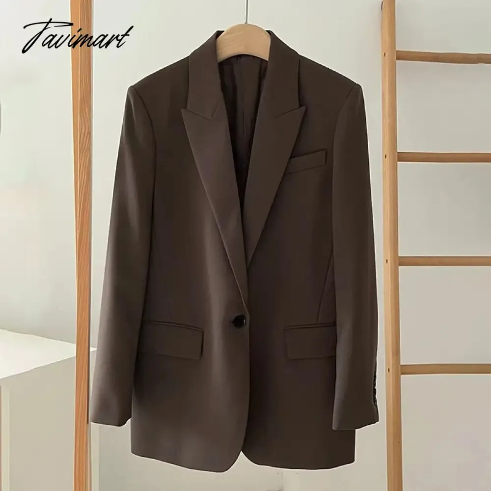 Tavimart Notch Collar One Piece Of Buckle Blazer Neutral Minimalism Long Sleeve Top Vintage Office Ladies Winter Jacket Women Outerwear