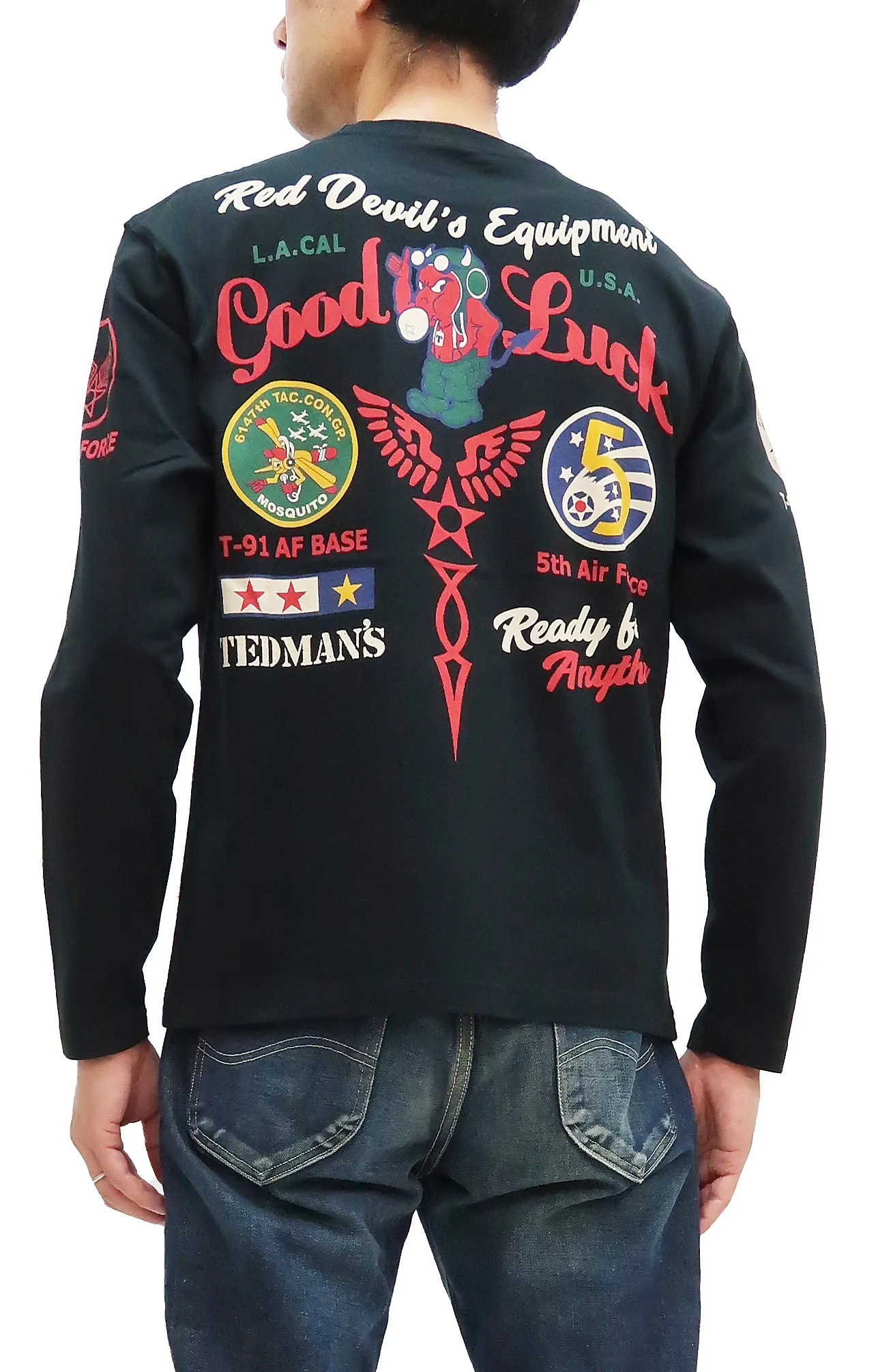 Tedman T-Shirt Men's Lucky Devil Military Graphic Long Sleeve Tee Efu-Shokai TDLS-349 Black