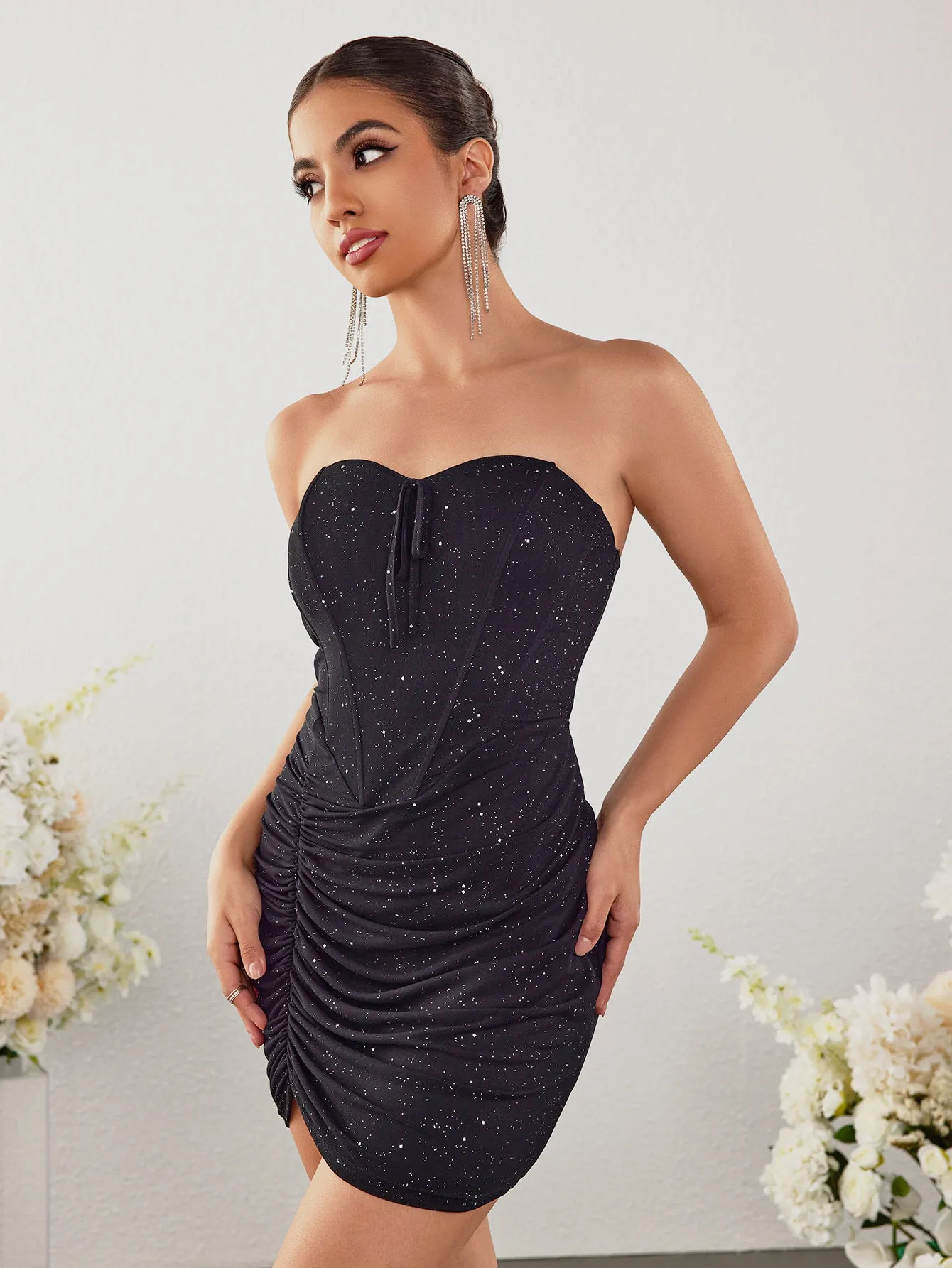 Tie Front Glitter Asymmetrical Hem Tube Dress