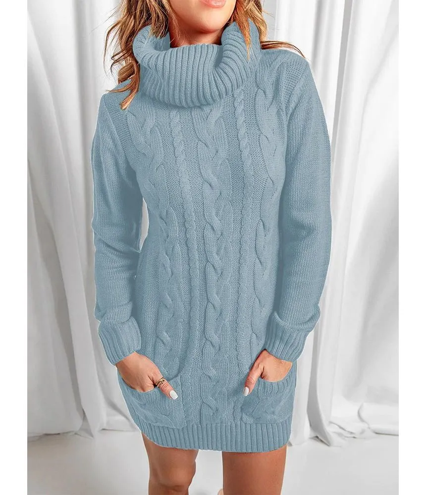 Turtleneck Plain Cable Knit Mini Sweater Dress YR4058