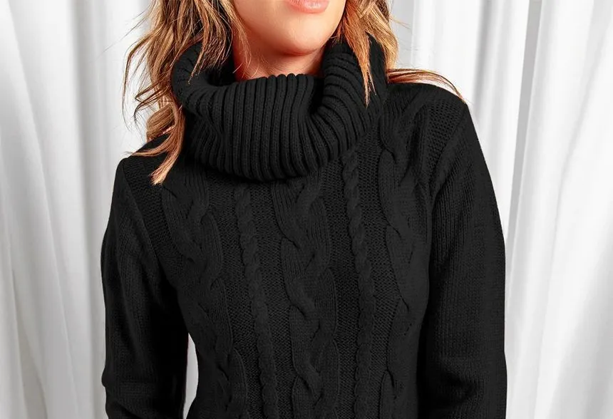 Turtleneck Plain Cable Knit Mini Sweater Dress YR4058