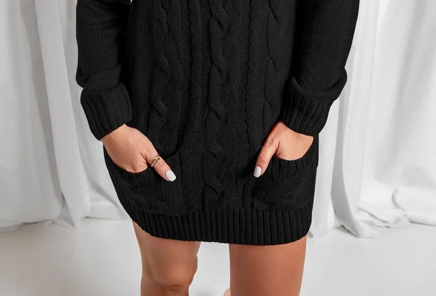 Turtleneck Plain Cable Knit Mini Sweater Dress YR4058