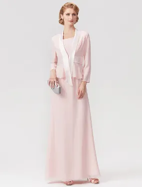 Two Piece A-Line Mother of the Bride Dress Elegant Square Neck Floor Length Chiffon Charmeuse Sleeveless Wrap Included with Ruched