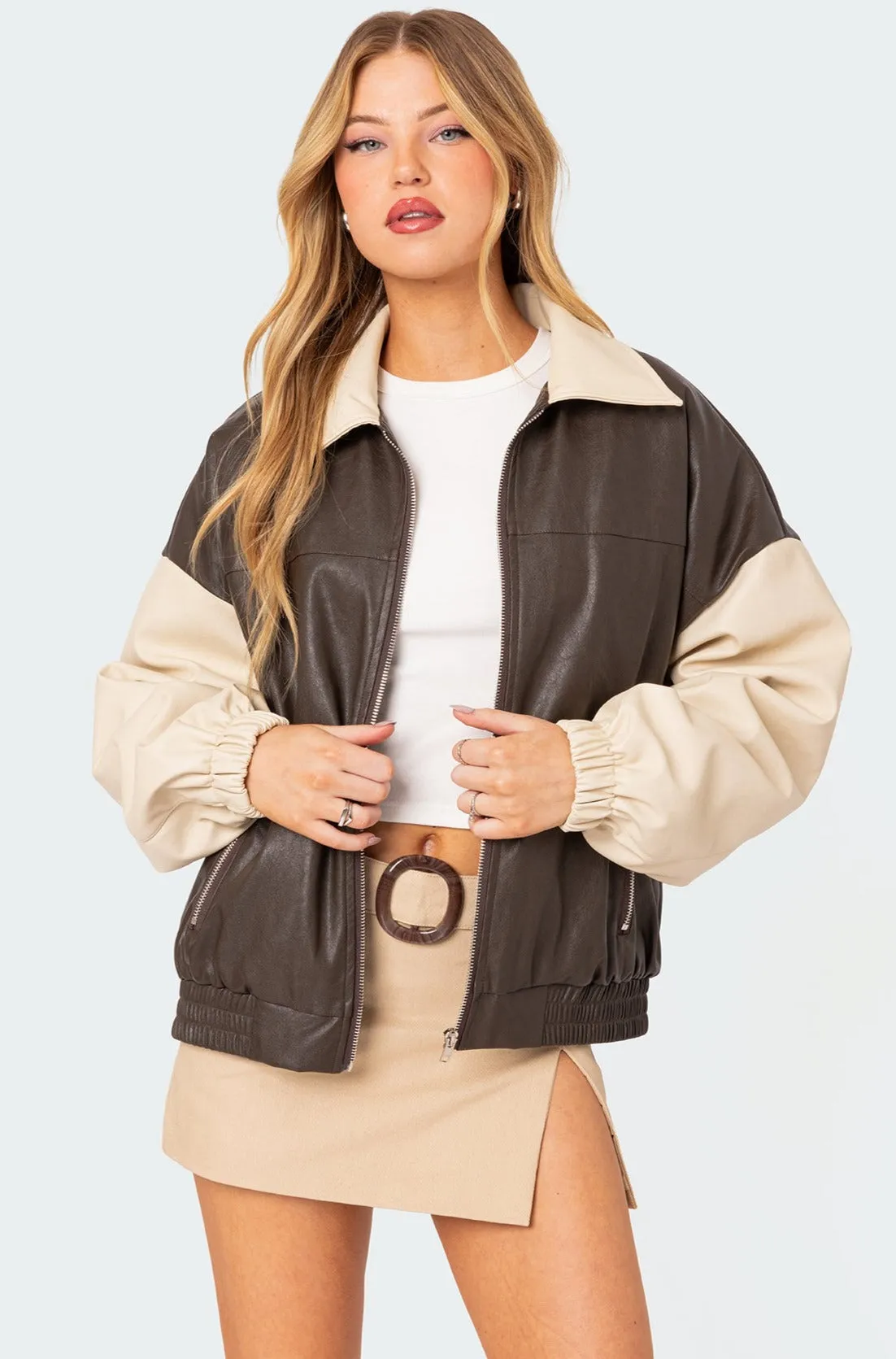 Two Tone Faux Leather Bomber Jacket