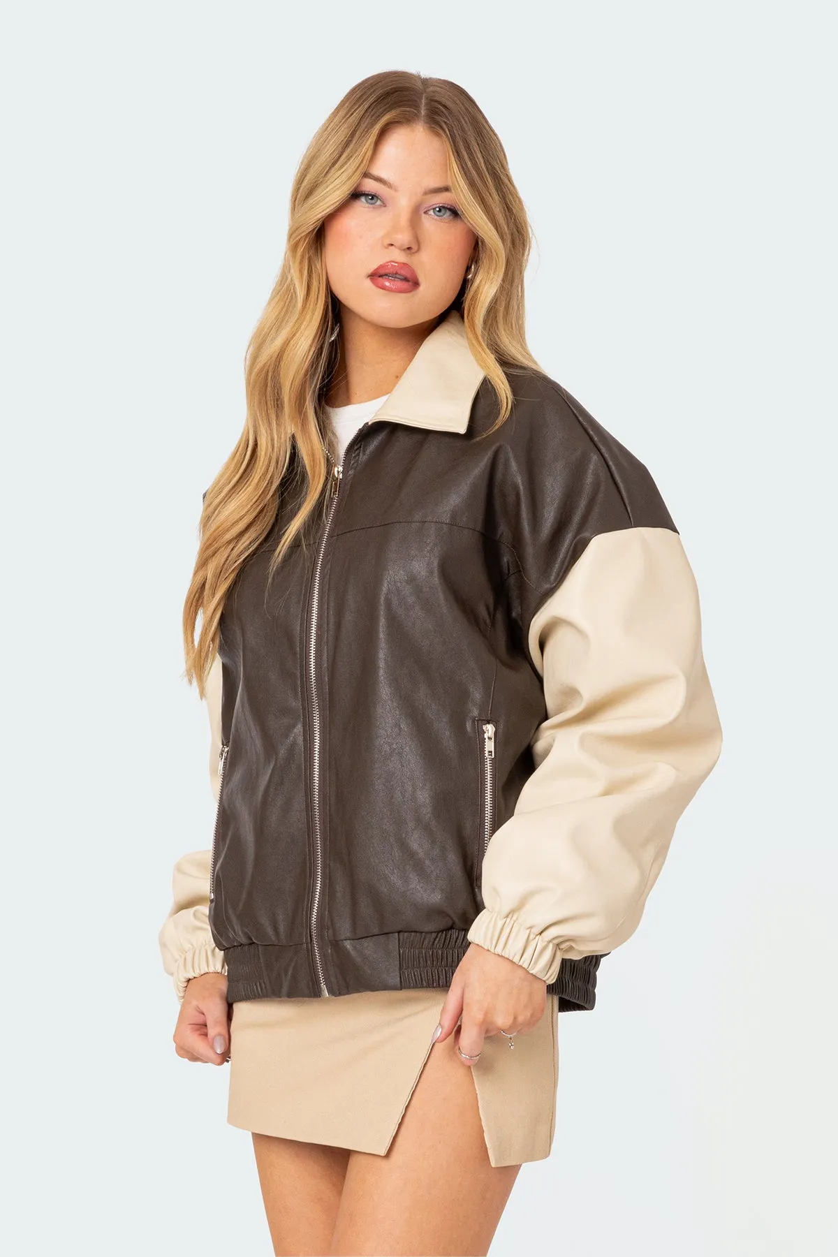 Two Tone Faux Leather Bomber Jacket