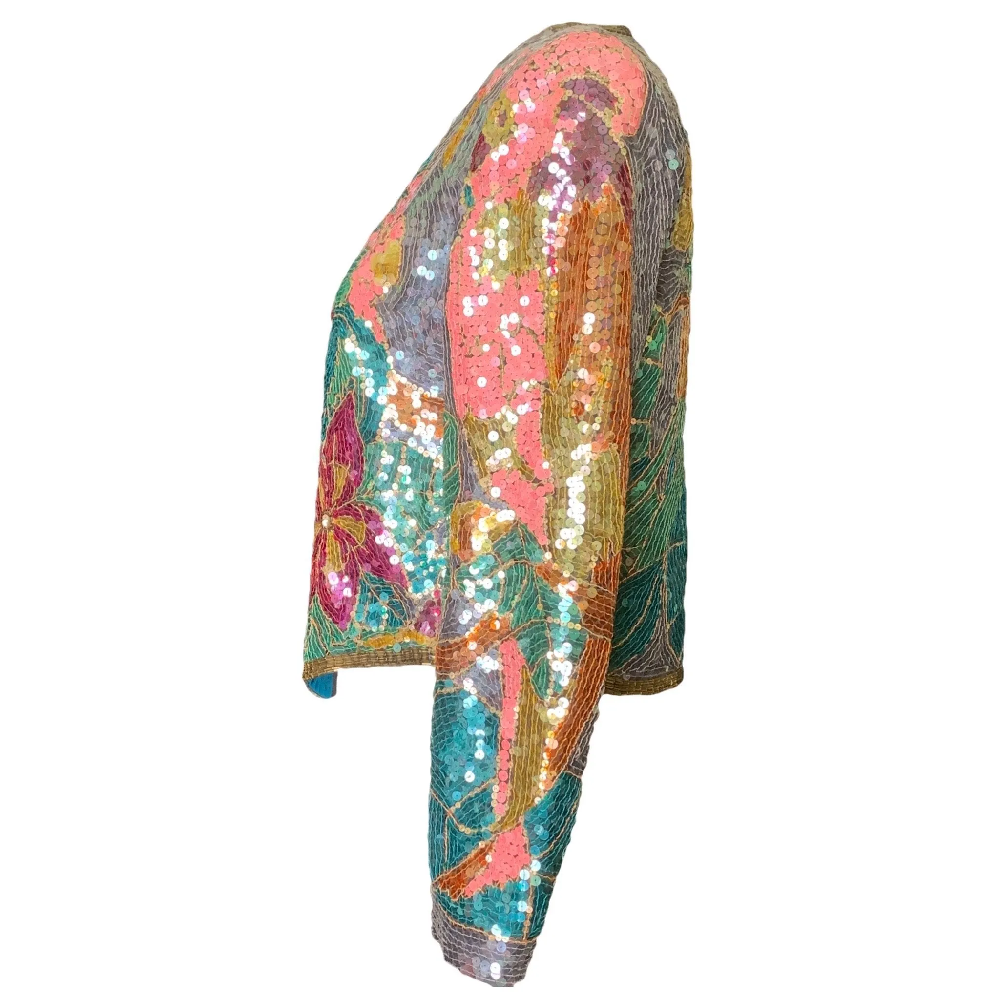 Vintage 1980s Sequin Bolero Jacket in a Vibrant Floral by Jack Bryan. Statement Piece. Sustainable Clothing.