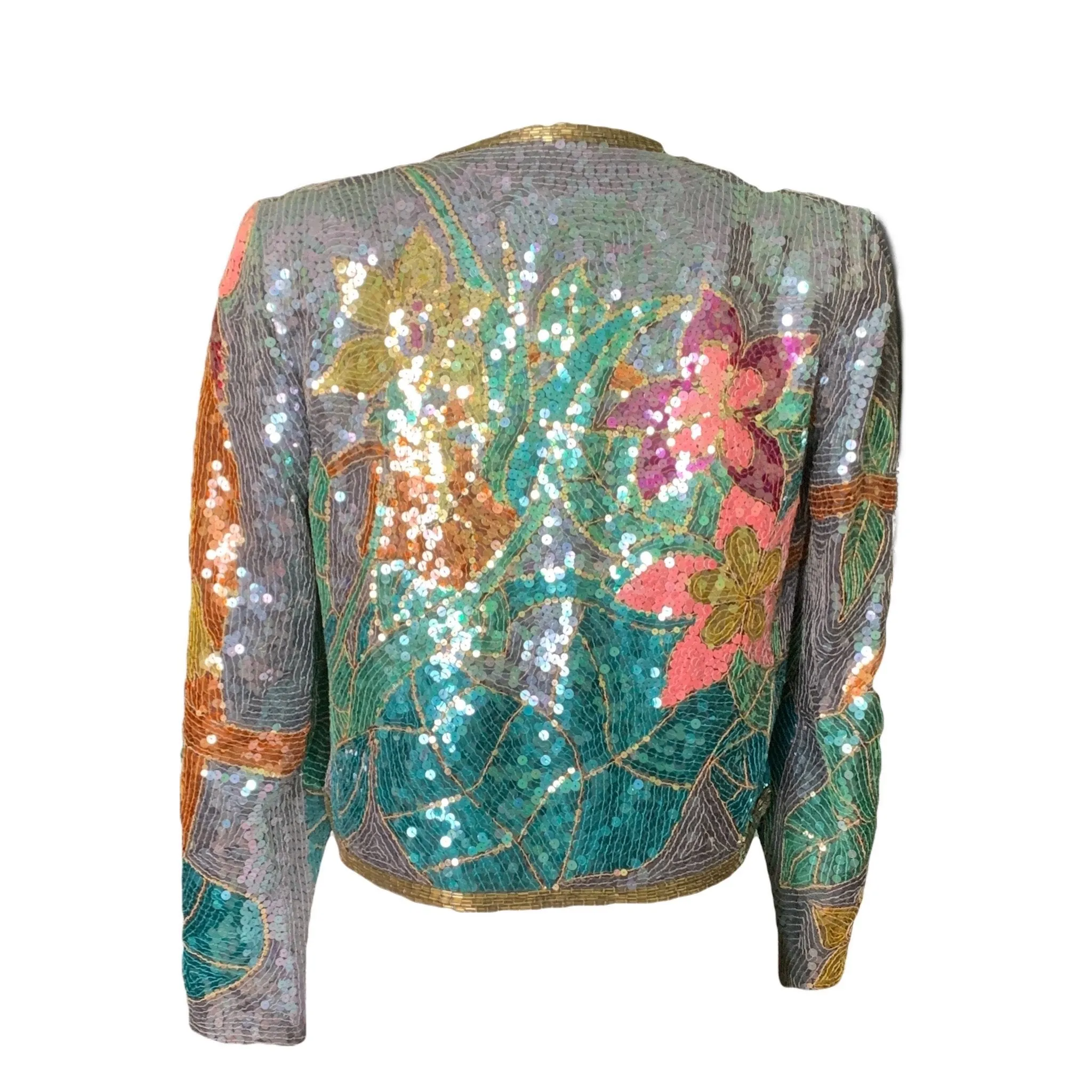 Vintage 1980s Sequin Bolero Jacket in a Vibrant Floral by Jack Bryan. Statement Piece. Sustainable Clothing.