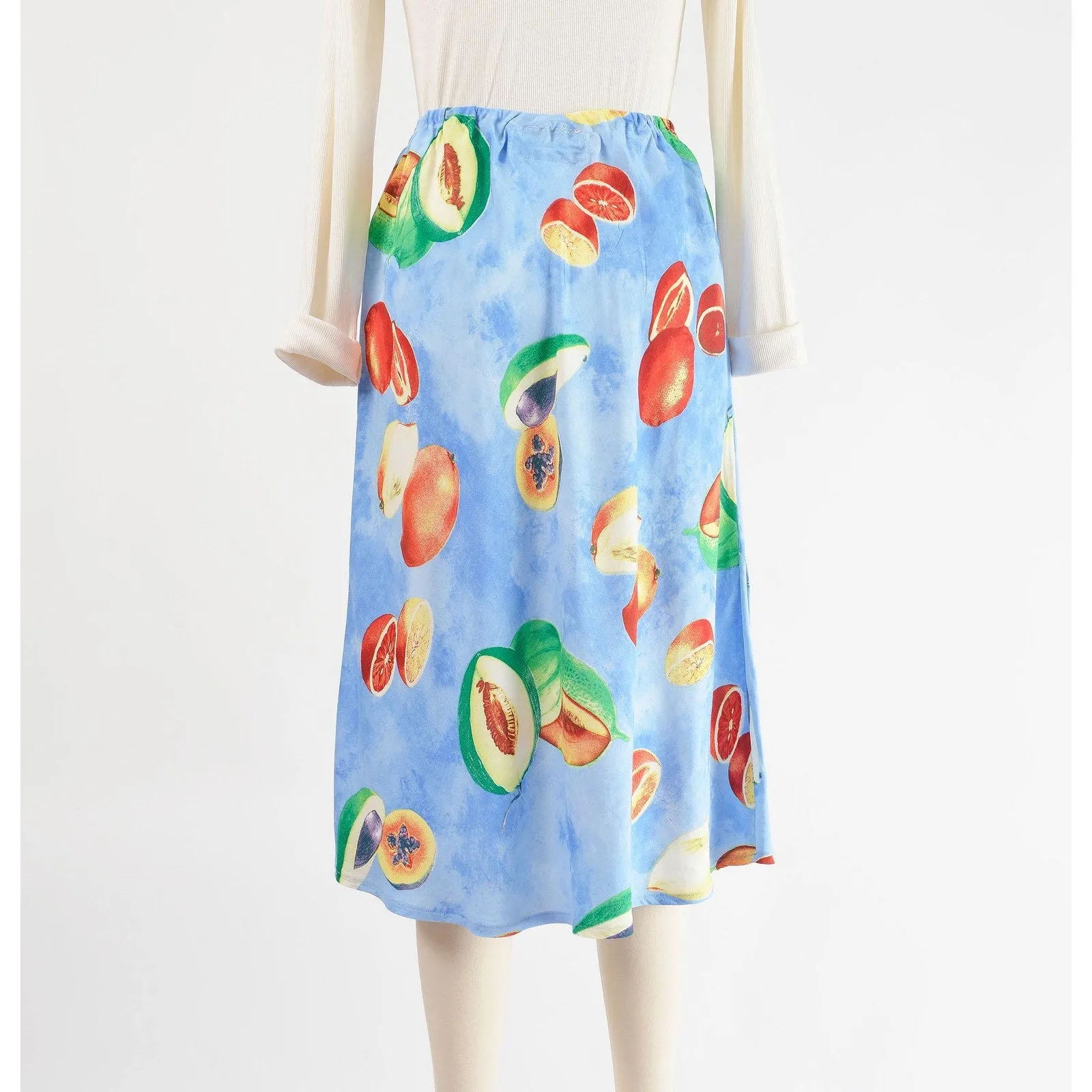 Vintage 90s Blue Fruit Print Elastic Waist Bias Cut Midi Skirt size Small