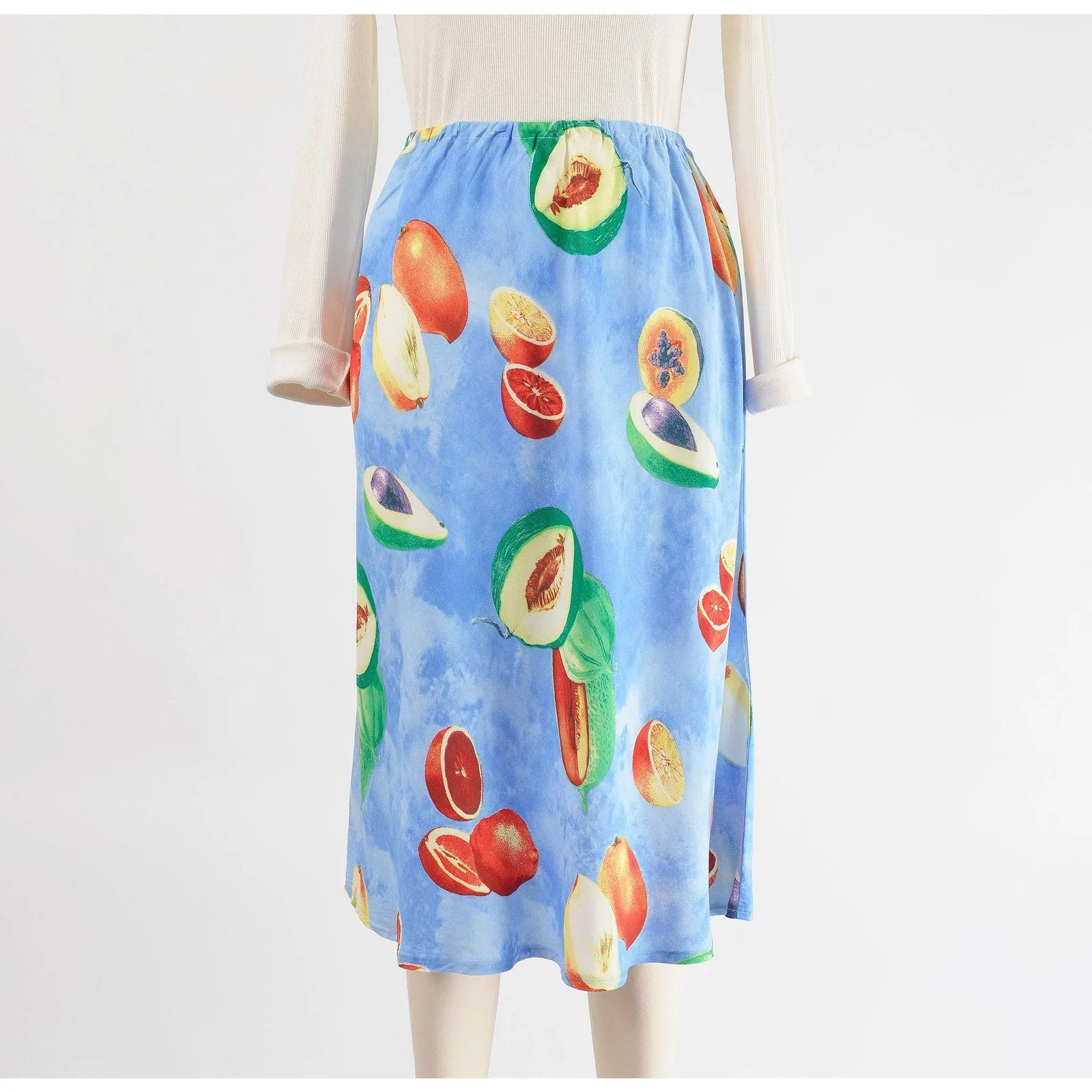 Vintage 90s Blue Fruit Print Elastic Waist Bias Cut Midi Skirt size Small