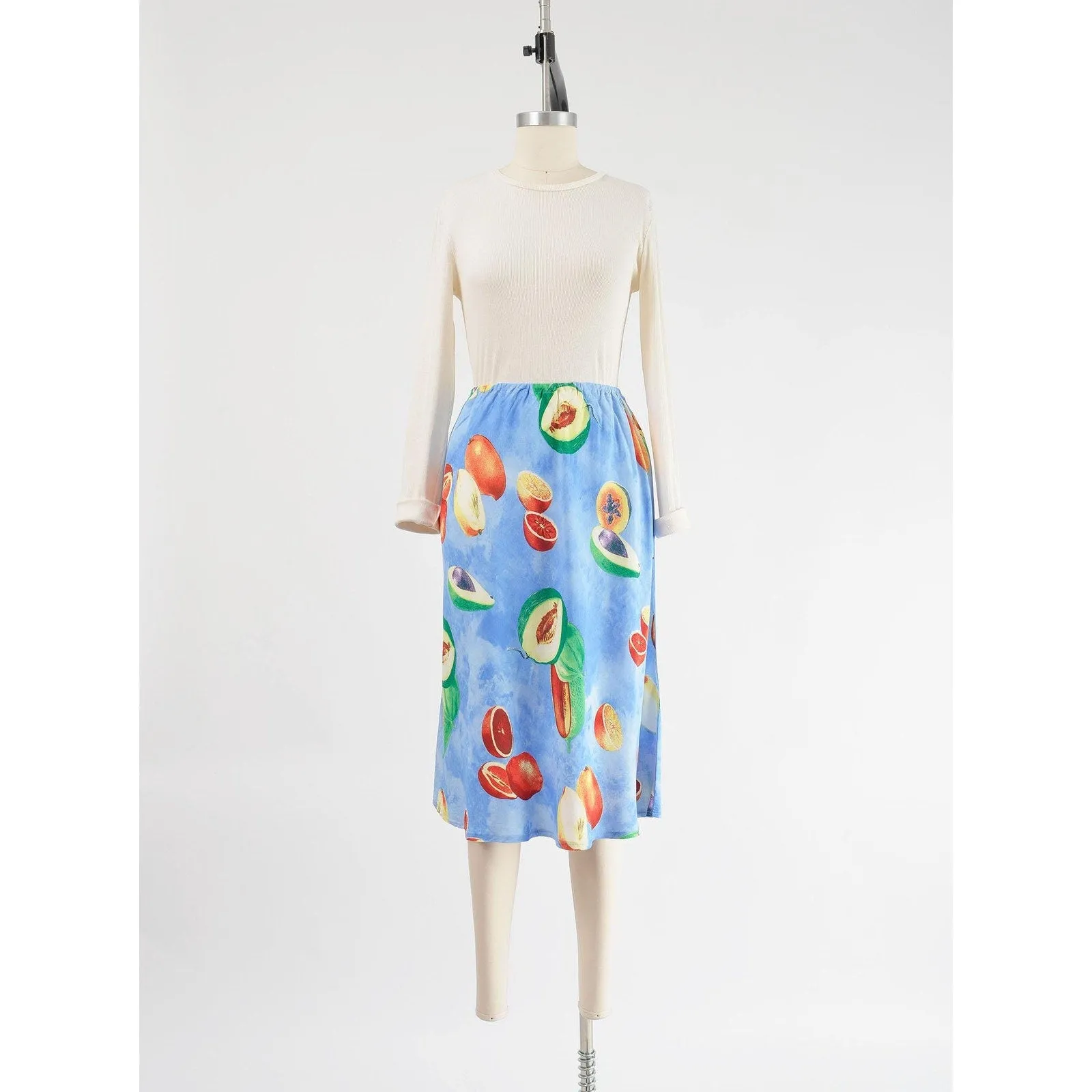 Vintage 90s Blue Fruit Print Elastic Waist Bias Cut Midi Skirt size Small