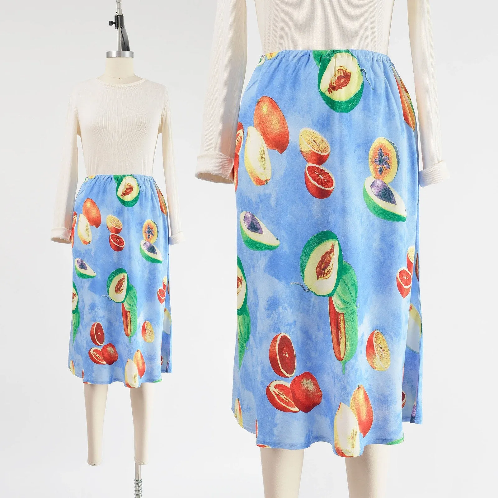 Vintage 90s Blue Fruit Print Elastic Waist Bias Cut Midi Skirt size Small