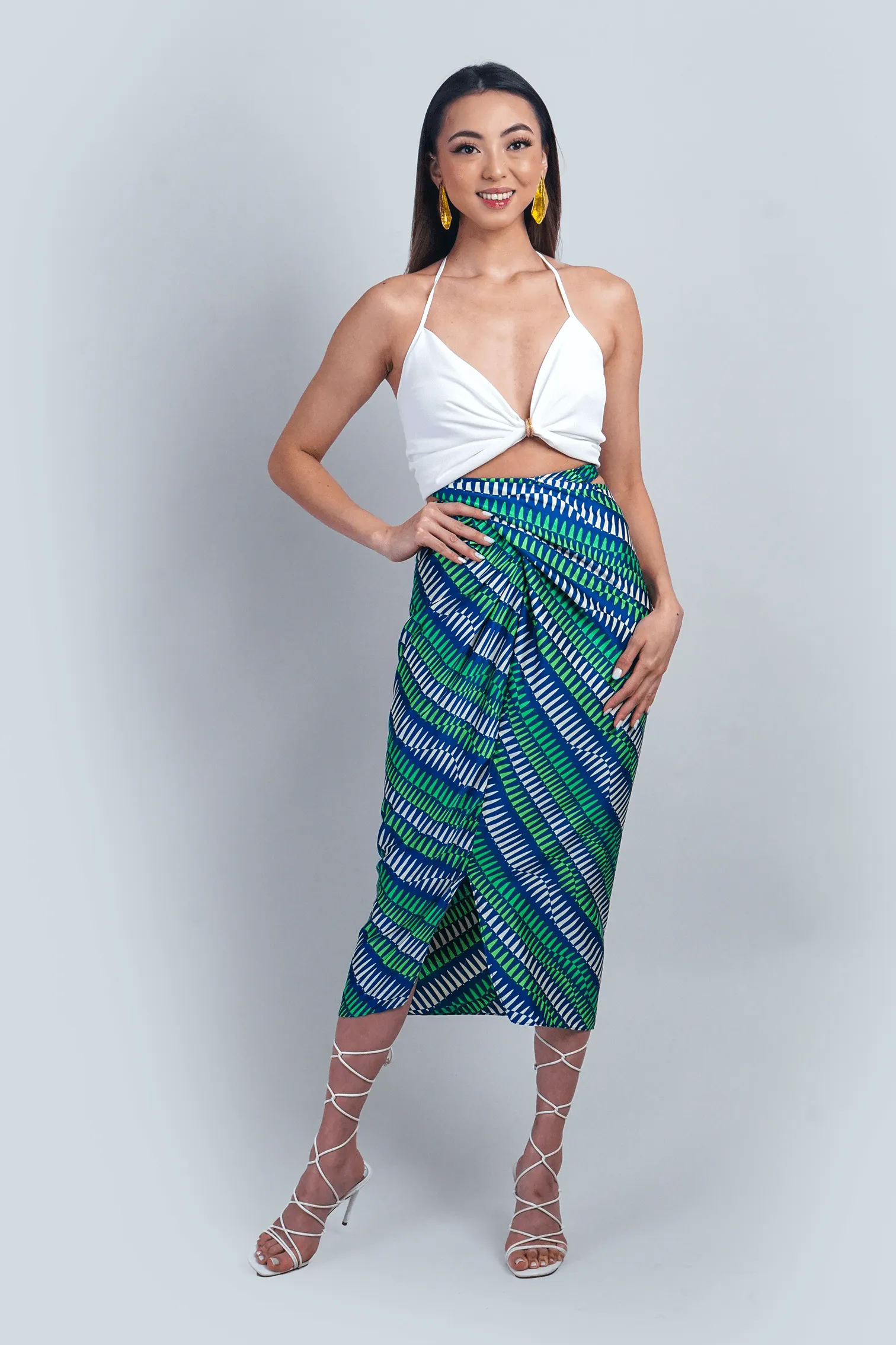 White Green Geo Print Indo Wrap Skirt/Dress