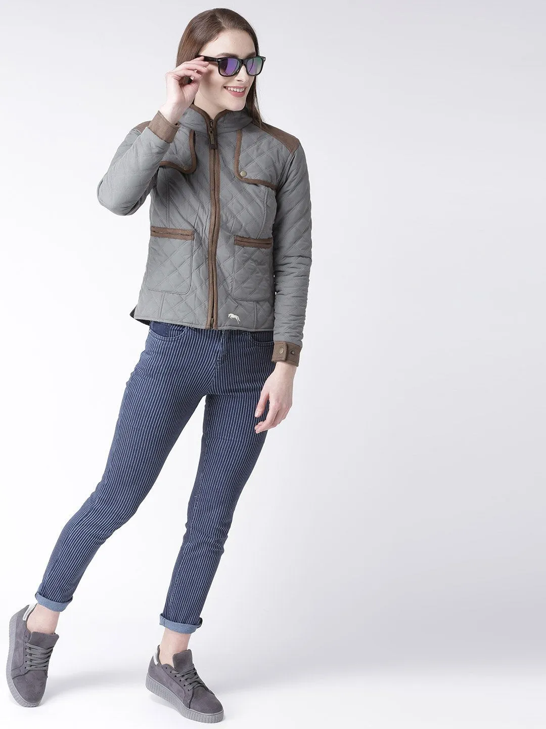 Women Polyster Casual Long Sleeve  Grey Winter Jacket