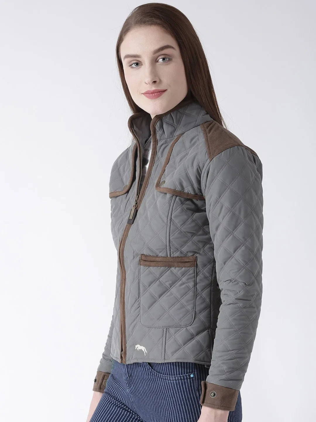 Women Polyster Casual Long Sleeve  Grey Winter Jacket