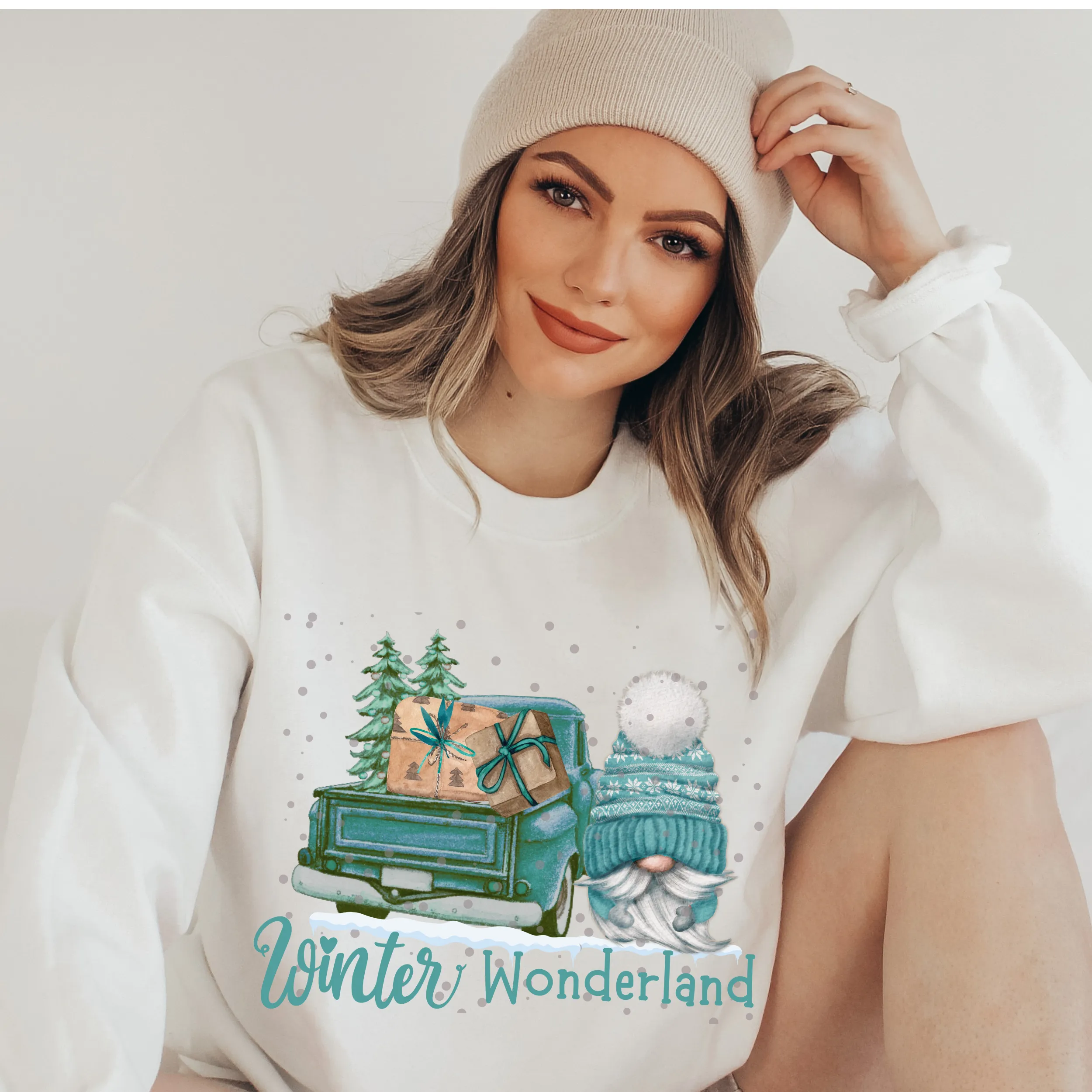 Women's Christmas Unisex-Size Crewneck Sweatshirt Winter Wonderland Turquoise Watercolor Hand Drawn Gnome in Ash, Sand, or White