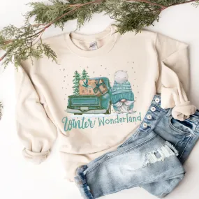 Women's Christmas Unisex-Size Crewneck Sweatshirt Winter Wonderland Turquoise Watercolor Hand Drawn Gnome in Ash, Sand, or White