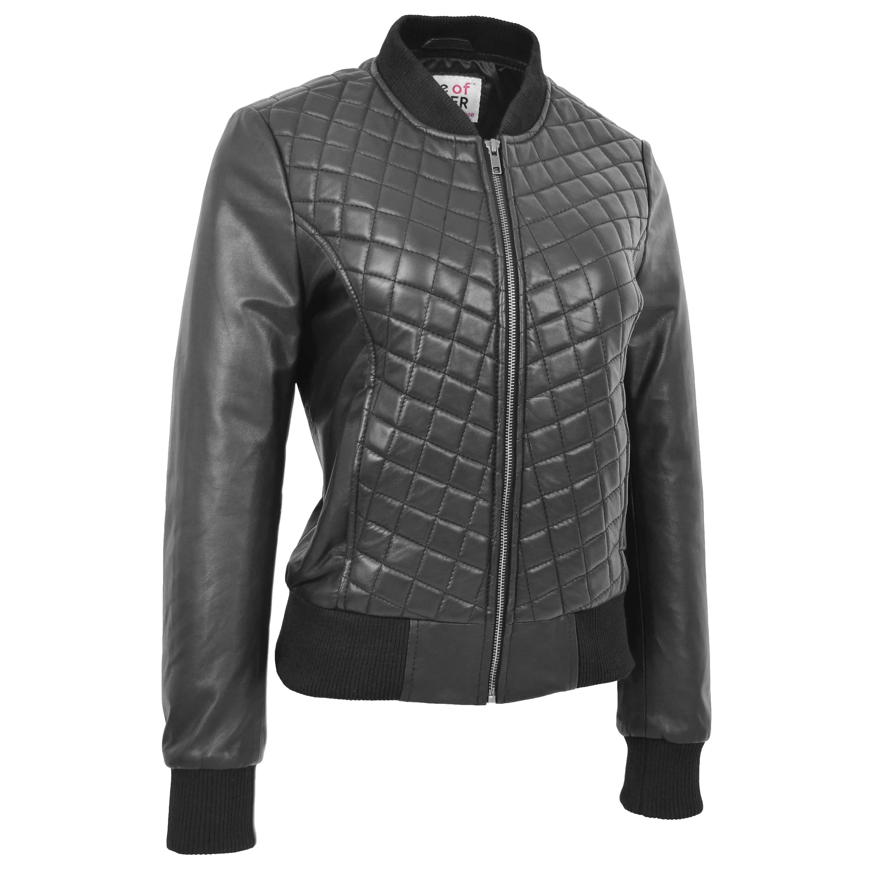 Womens Leather Varsity Quilted Bomber Jacket Sally Black