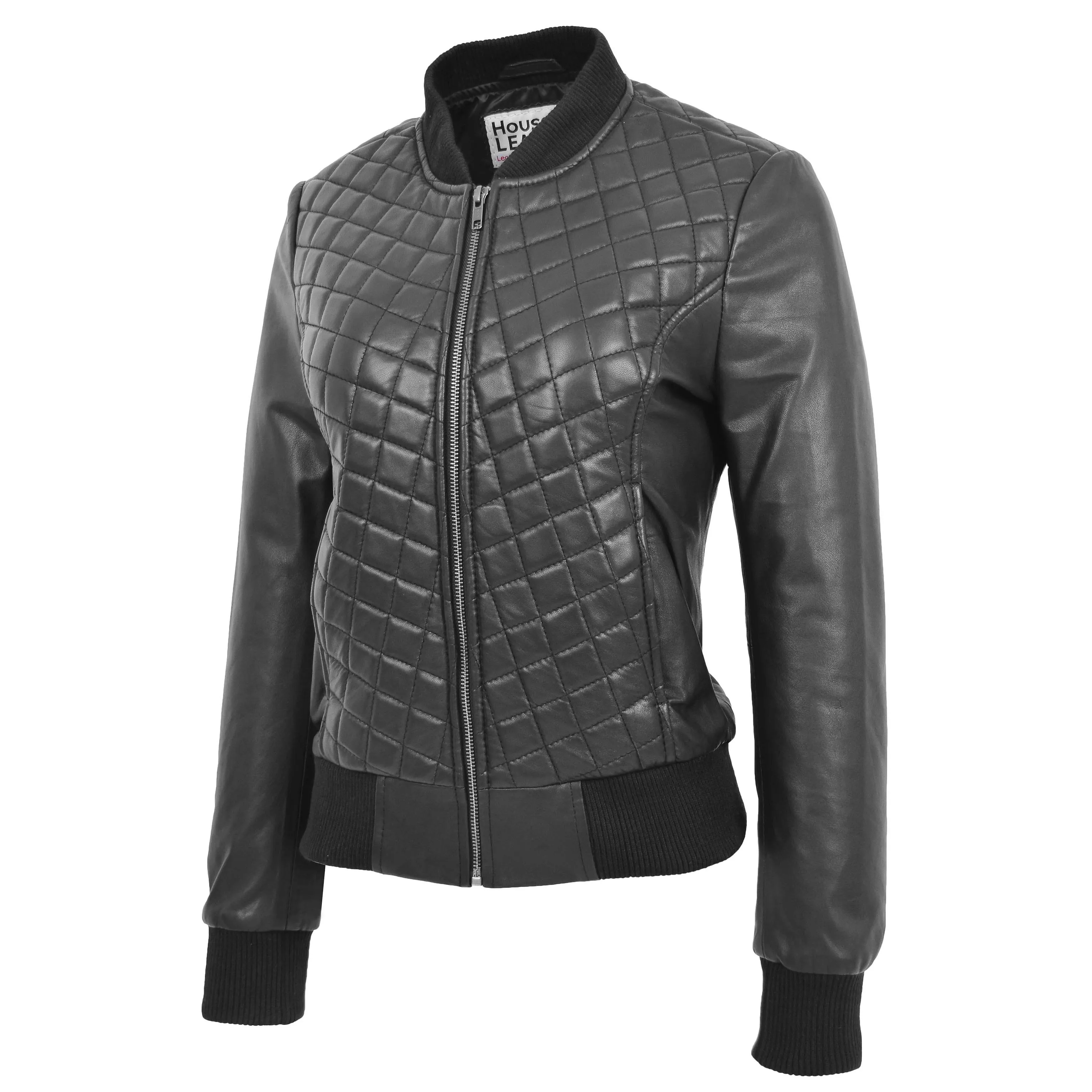 Womens Leather Varsity Quilted Bomber Jacket Sally Black