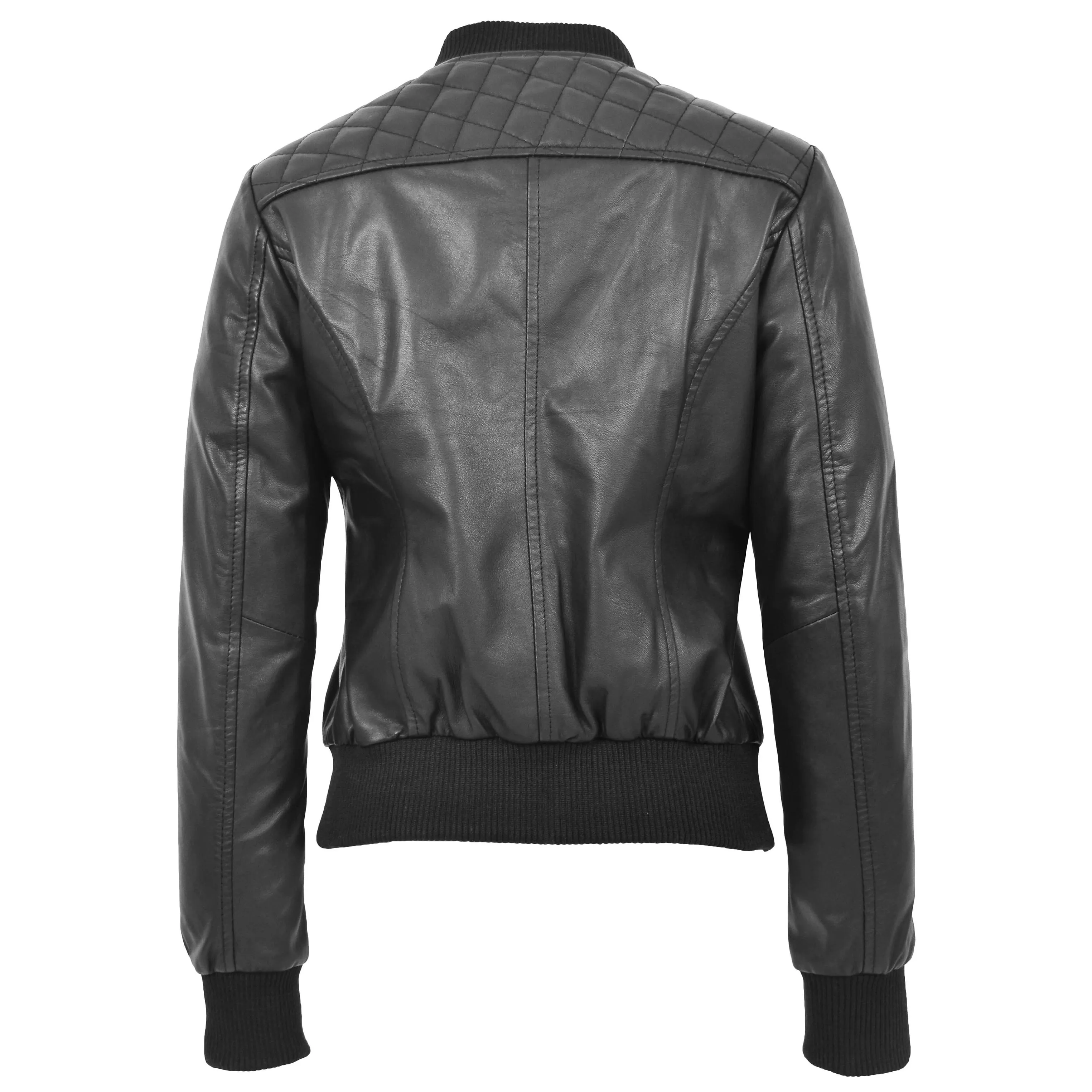 Womens Leather Varsity Quilted Bomber Jacket Sally Black