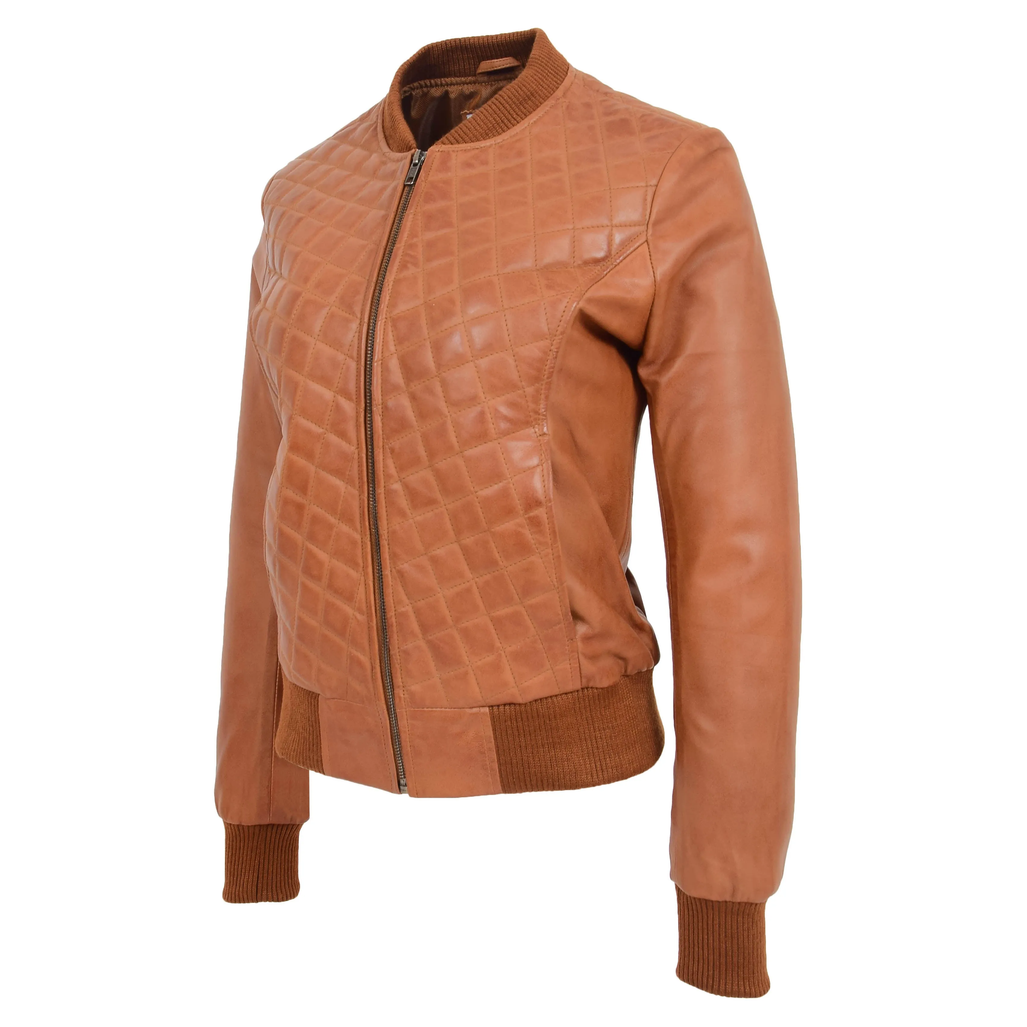 Womens Leather Varsity Quilted Bomber Jacket Sally Tan