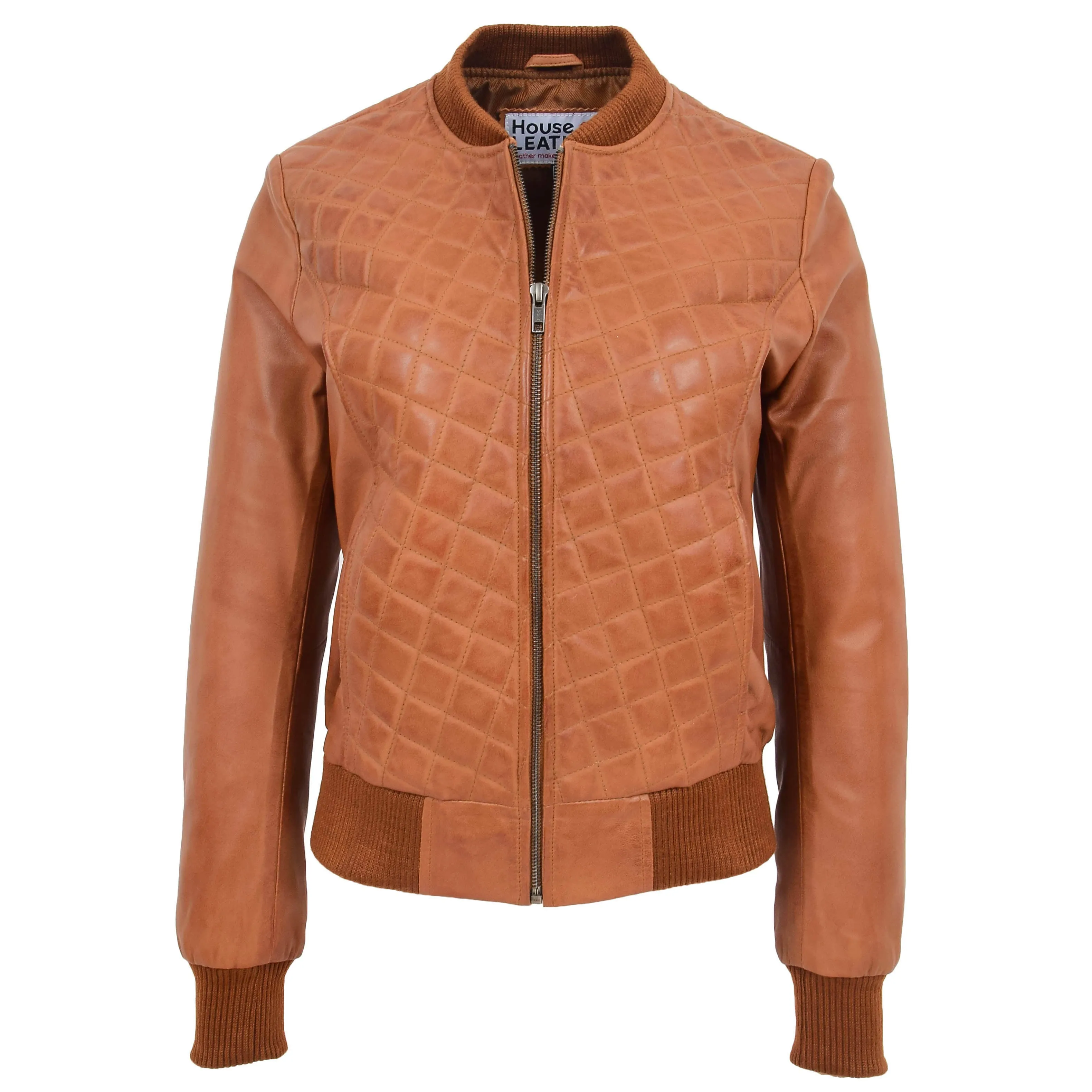 Womens Leather Varsity Quilted Bomber Jacket Sally Tan