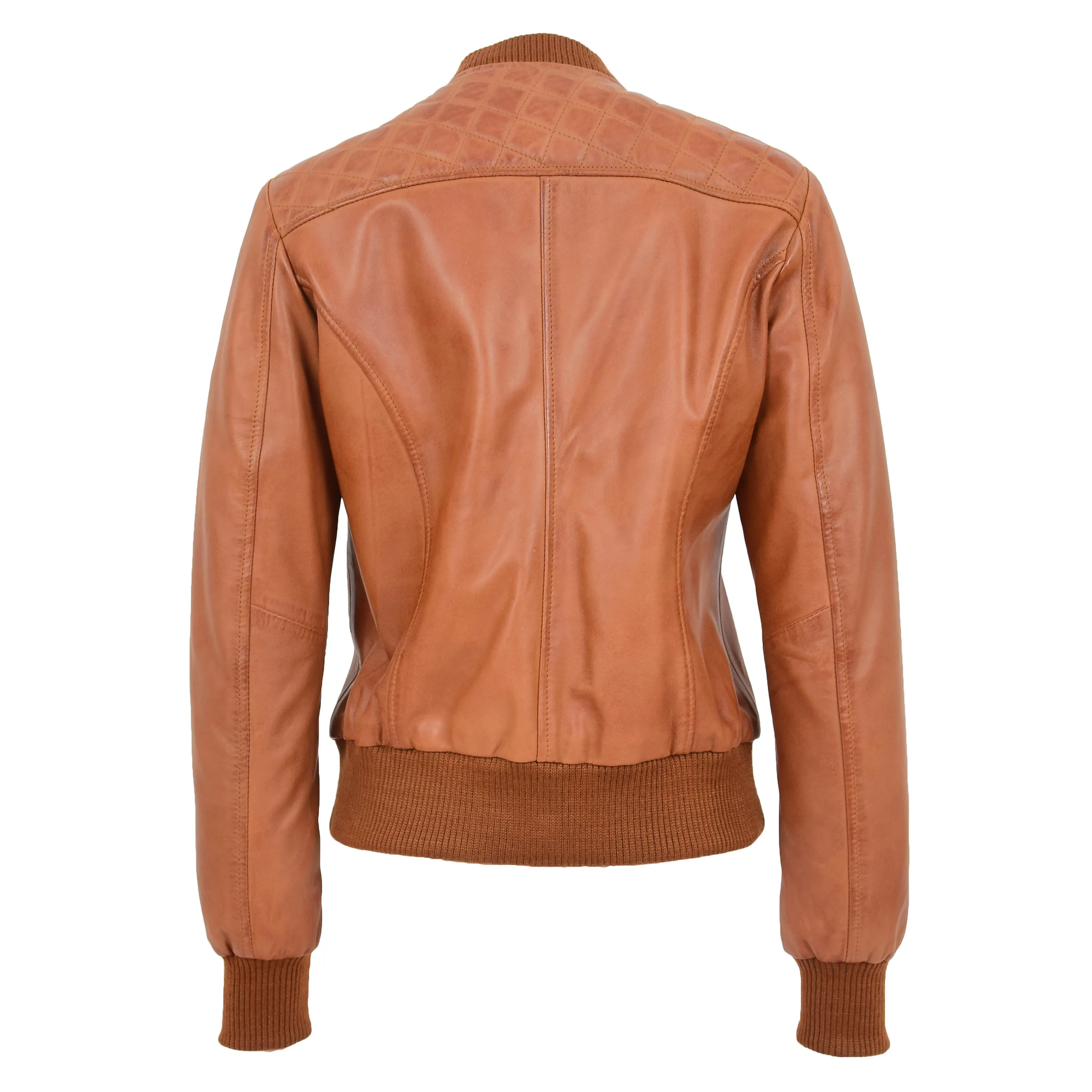 Womens Leather Varsity Quilted Bomber Jacket Sally Tan