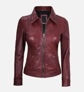 Women's Shirt Collar Maroon Leather Jacket