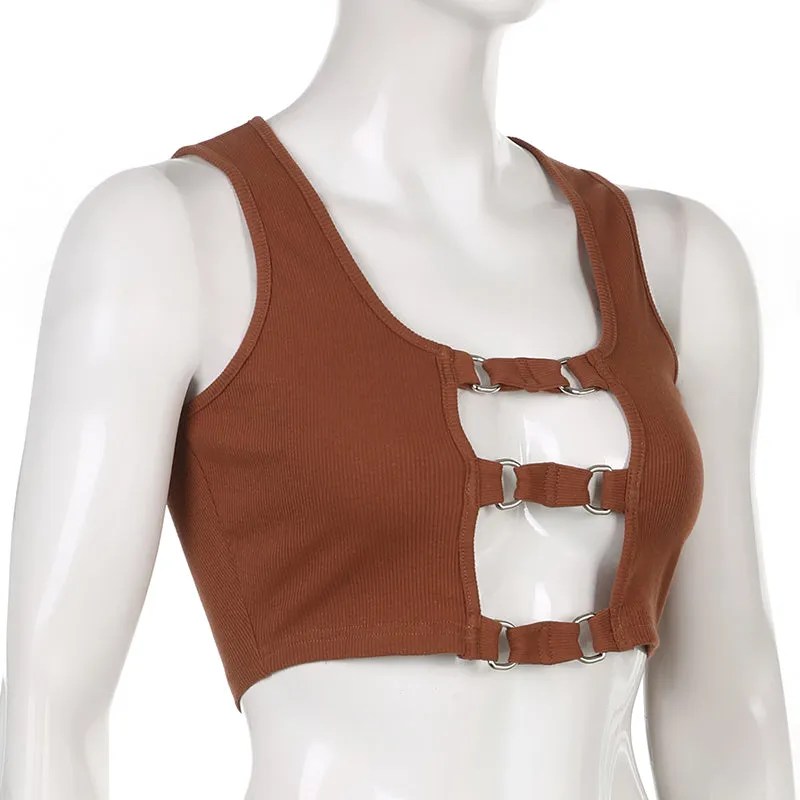 Y2K Brown Cut Out Bandage Knit Top