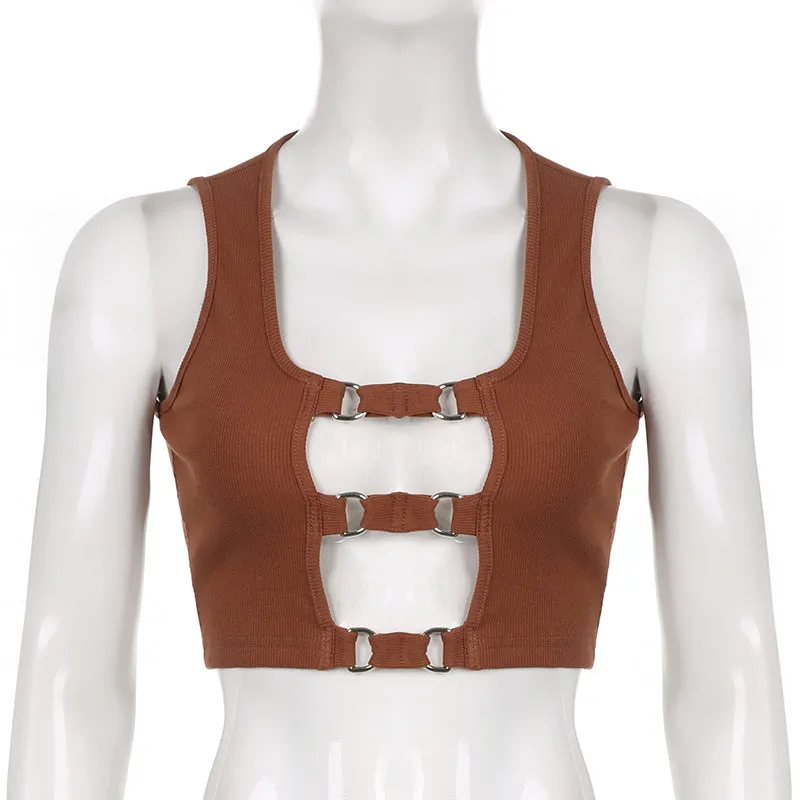 Y2K Brown Cut Out Bandage Knit Top