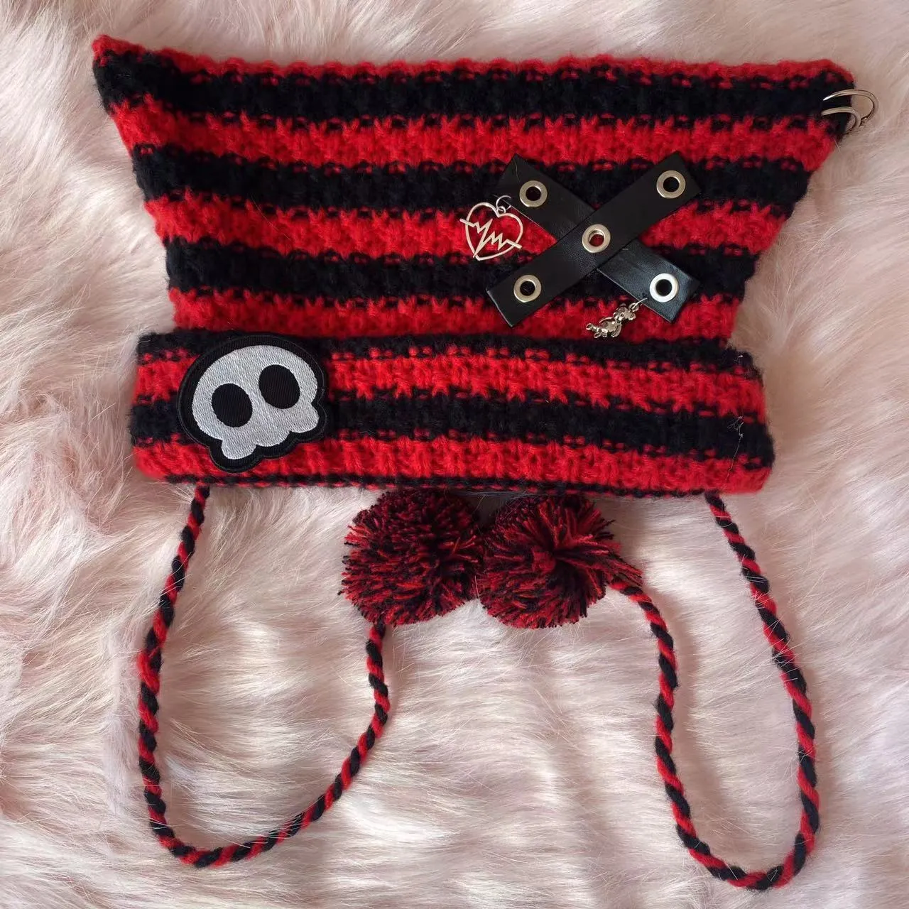 Y2K Handmade Knit Cross Skull Striped Cute Winter Hats Beanie