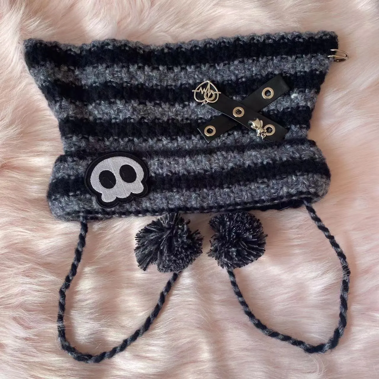 Y2K Handmade Knit Cross Skull Striped Cute Winter Hats Beanie