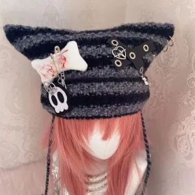 Y2K Handmade Knit Cross Skull Striped Cute Winter Hats Beanie