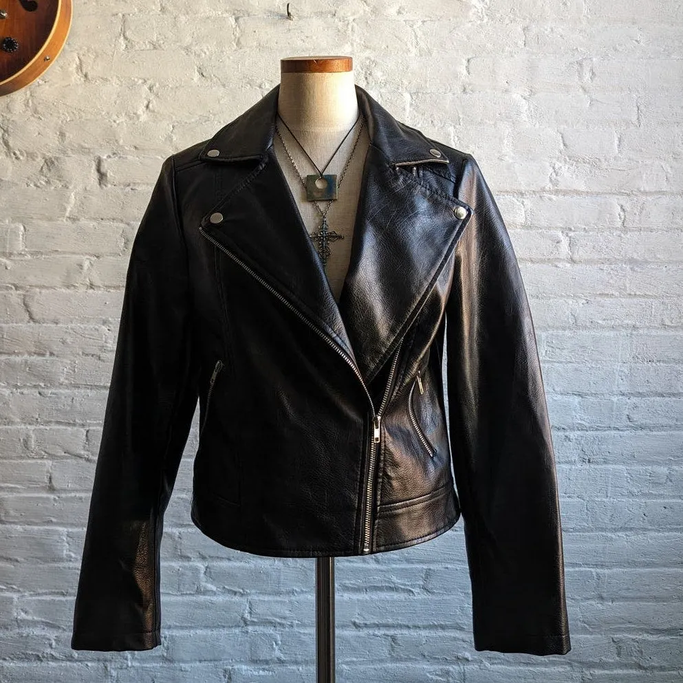 Y2K Retro Vegan Leather Moto Jacket Classic Biker Sexy Grunge Minimalist Coat