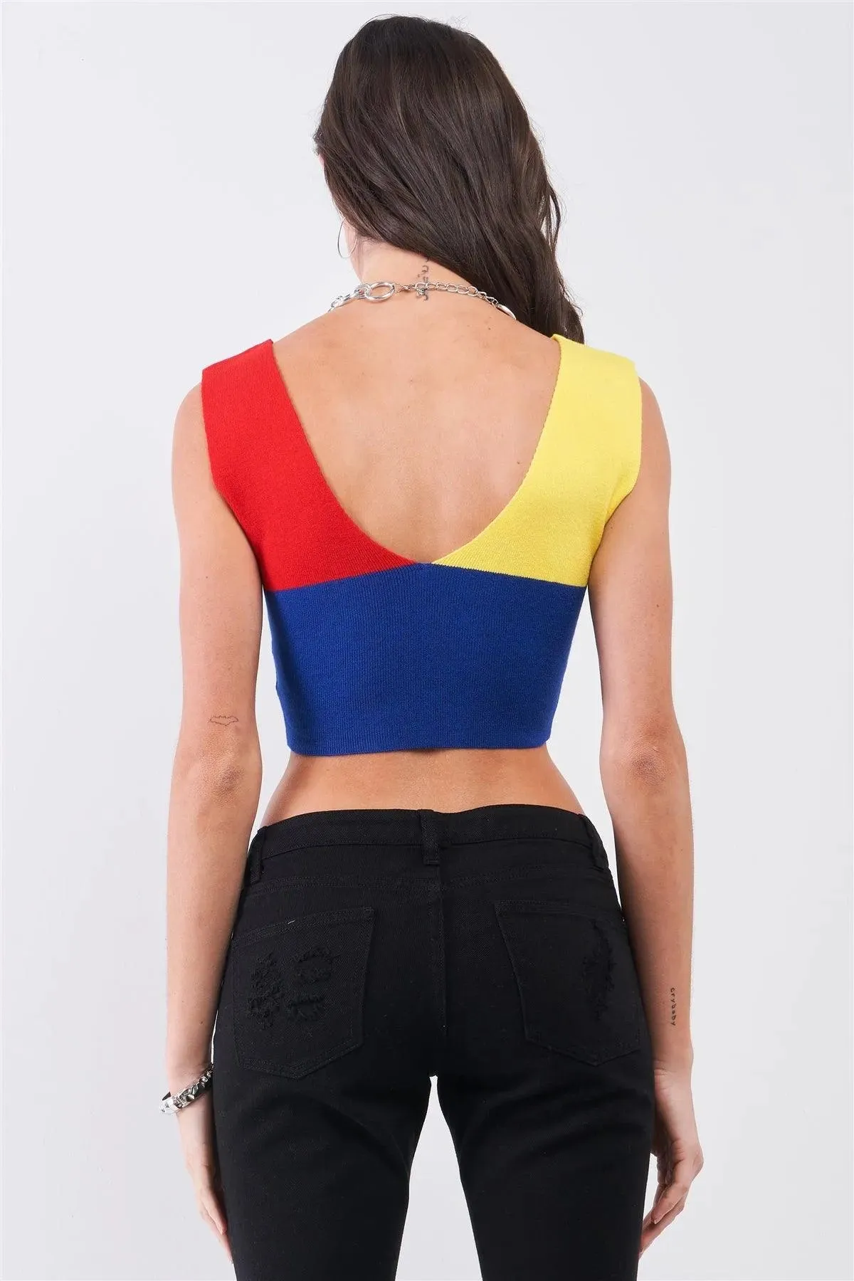 Yellow Red Blue Color Block Knit Deep V-Neck And Back Sleeveless Crop Tank Top /3-2-1