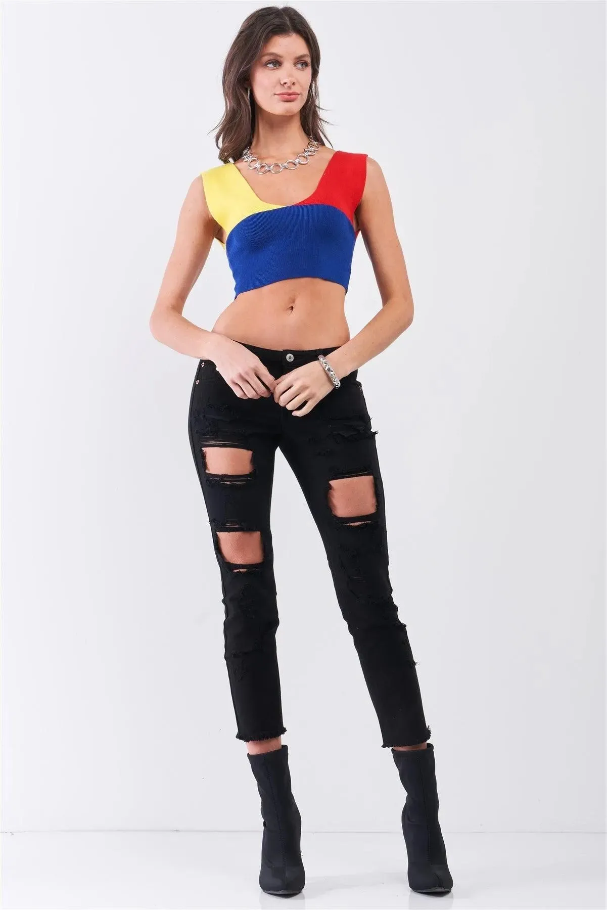 Yellow Red Blue Color Block Knit Deep V-Neck And Back Sleeveless Crop Tank Top /3-2-1